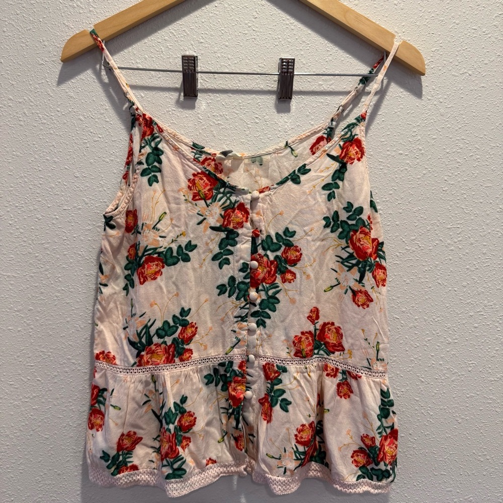 Roxy Floral Button Tank | Cottagecore Boho Flowy Garden Romantic Lace Trim Top S